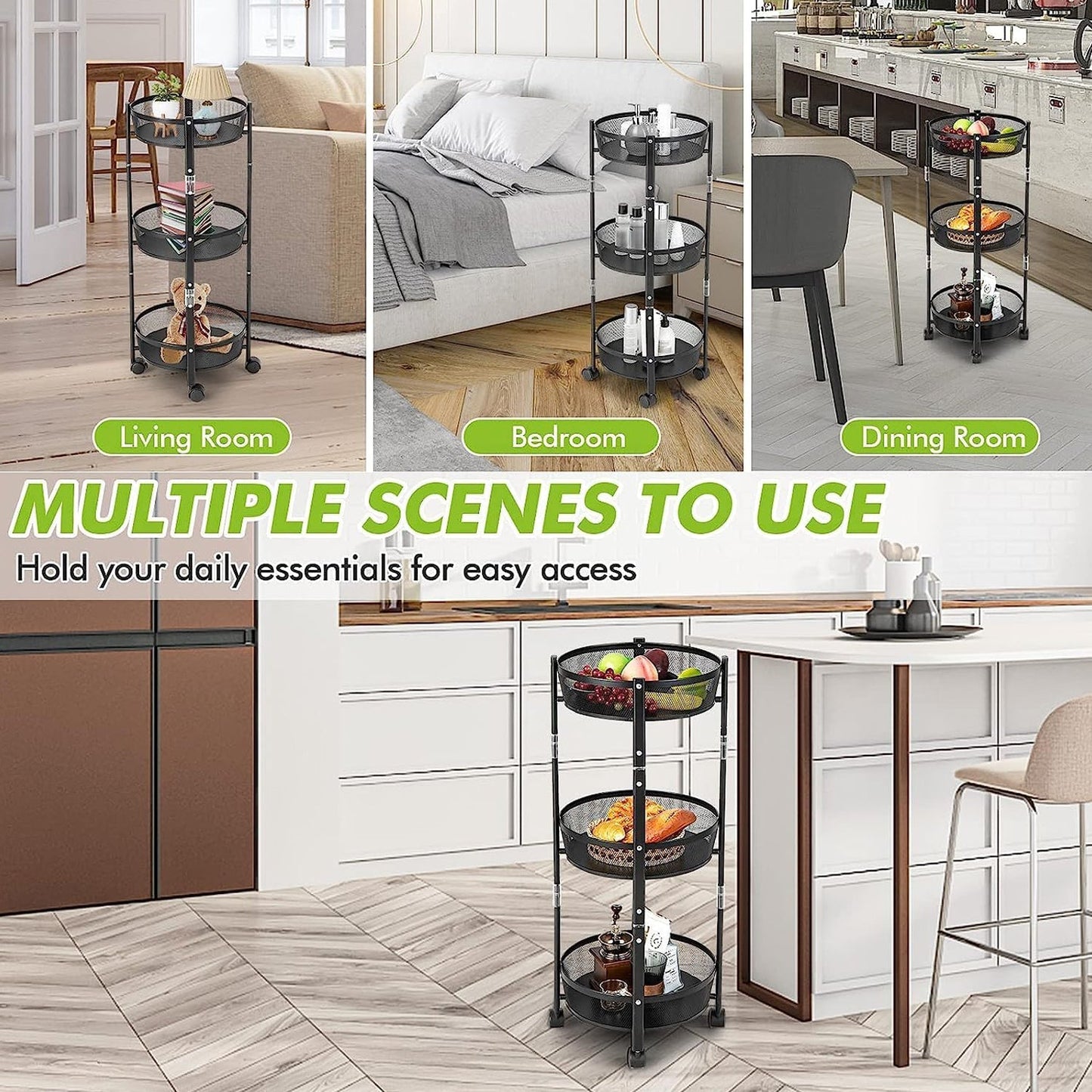 3-Layer Round Metal Mesh Utility Storage Trolley with Wheels